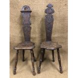 Two carved oak spinning stools