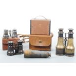 Three sets of late 19th / early 20th Century binoculars, a telescope and box Brownie camera