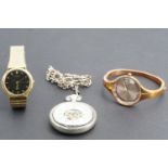 A contemporary pocket watch and two wristwatches