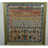 A Victorian Golden Jubilee needlework verse sampler by Mary Pattinson aged 68 years, including the