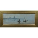 Annette Elias (fl. 1882-1921) A chiaroscuro dusky dawn view across the Thames past sailing barges