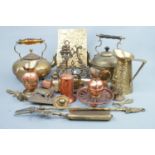 A quantity of brassware including spirit kettle, teapot etc.