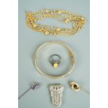 Sundry items of period jewellery including an Art Deco marcassite clip and two stick pins