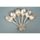 Six Victorian silver dessert spoons, having fancy terminals, their stems bearing Design Registration