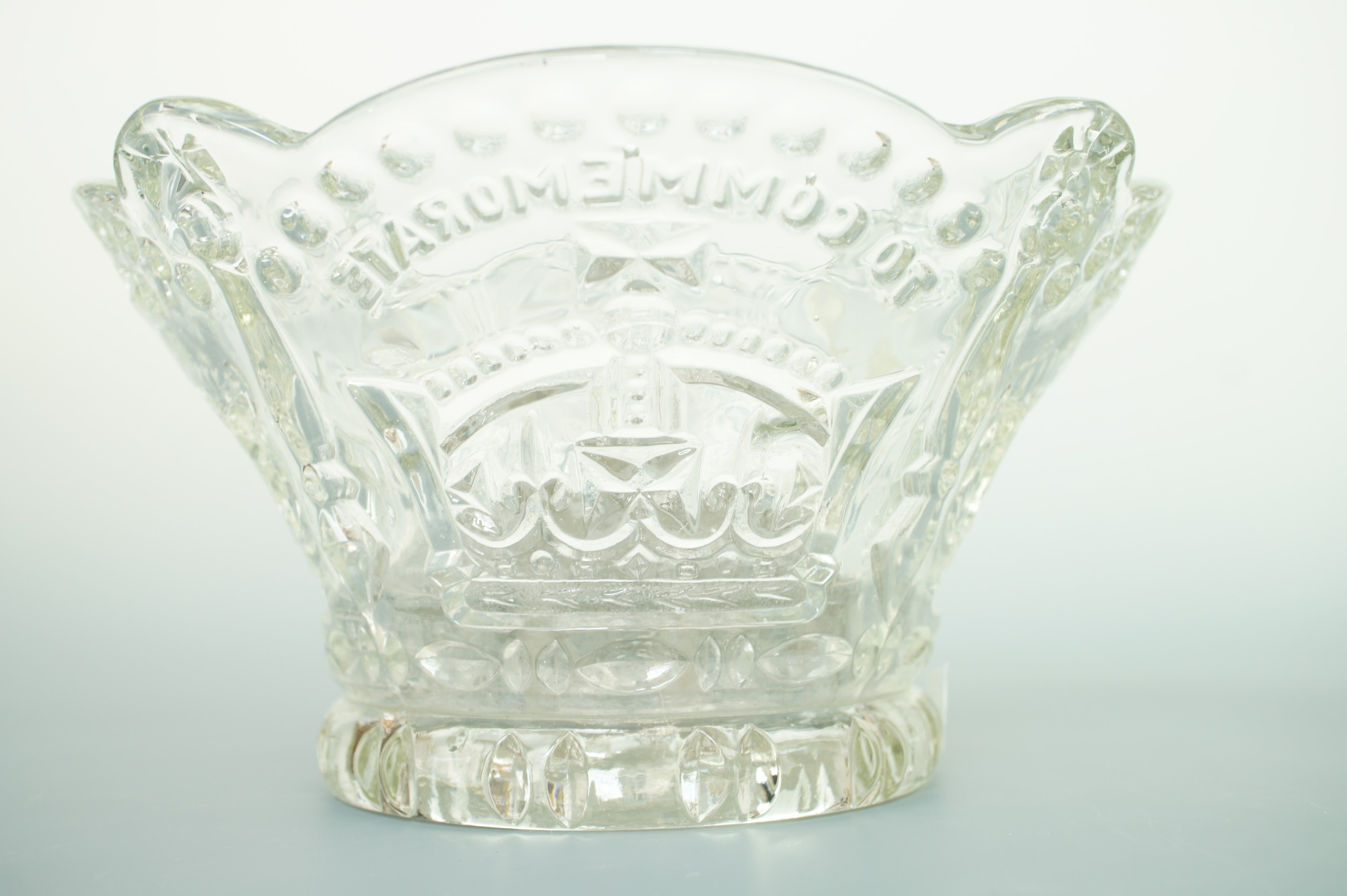 An Elizabeth II Coronation souvenir pressed glass rose bowl in the form of a crown, 20 x 11 cm high