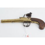 A pair of brass cannon barrelled flintlock pistols by J & W Richards, each having tapering approx
