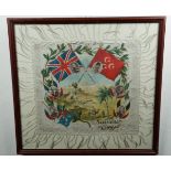 A pre-Great War Ottoman printed silk souvenir of Egypt, framed under glass, 42 cm x 45 cm