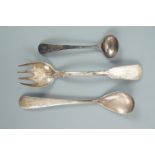 Georgian Newcastle silver salt and mustard spoons, together with a tined spoon