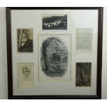 A framed group of period postcards pertaining to John Ruskin and centred by an engraved view of
