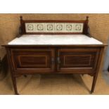 An early 20th Century Sheraton Revival washstand with associated tile backed marble top, 122 cm
