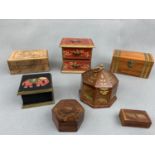 Six lidded boxes and miniature red chest of drawers
