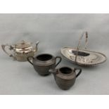 A Phillip Ashberry and Sons electroplate teapot, pewter cream jug and sugar, an electroplate basket