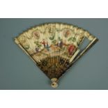 A mid 18th Chinese export folding fan, with European swanskin leaf hand-painted with a figural