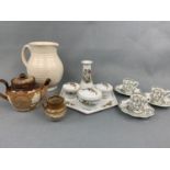 An Arthur Wood jug, a Royal Doulton tea pot (a/f), three Coalport coffee cans and saucers,