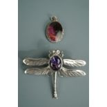A white metal mounted Blue John cabochon pendant together with a similar dragonfly brooch