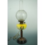 A Belle Epoque oil lamp with early conversion to electricity, having an etched glass shade, yellow