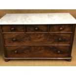 A Victorian flame figured mahogany chest of drawers with marble top, 131 cm x 79 cm high