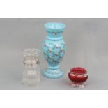 A Victorian enamelled blue opaline glass oviform vase together with a cranberry glass salt and a