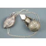 A white metal pendant scent bottle with neck chain, together with nickel snuff or scent bottle,