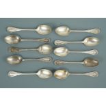Ten Victorian silver tea spoons, having stylized leaf and blossom stem and terminal, Chawner & Co (