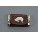 A rosewood snuff box by G Smith & Sons of London, the lid bearing an inset representation of a motor