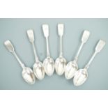 A set of six Victorian silver fiddle pattern tea spoons, with engraved monogram to the terminals,