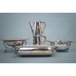 An electroplate coffee pot and water jug, a Walker and Hall electroplate basket etc.