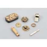 Sundry collectors' items including turned wood and Acme patent whistles, a Victorian snuff box,
