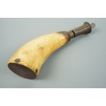 A 19th Century powder horn with Sykes patent dispensing spout, 20 cm