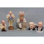 Five Winston Churchill commemorative ceramic figurines and character jugs
