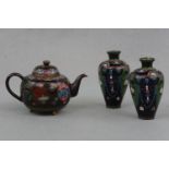 A pair of cloisonne vases, 10 cm high, and a cloisonne tea pot