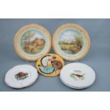 A Majolica plate together with three bird plates etc.