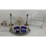 A Lundtofte of Denmark stainless steel tray, a Celtic electroplate cake stand, commemorative glass