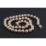 A pink pearl necklace with yellow metal clasp, pearls 8 mm, 48 cm