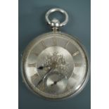 A Victorian silver key-wound pocket watch, having an engraved silver face, the lever movement un-