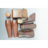 Military and other leather accoutrements including a Sam Browne revolver holster, gaiters, an