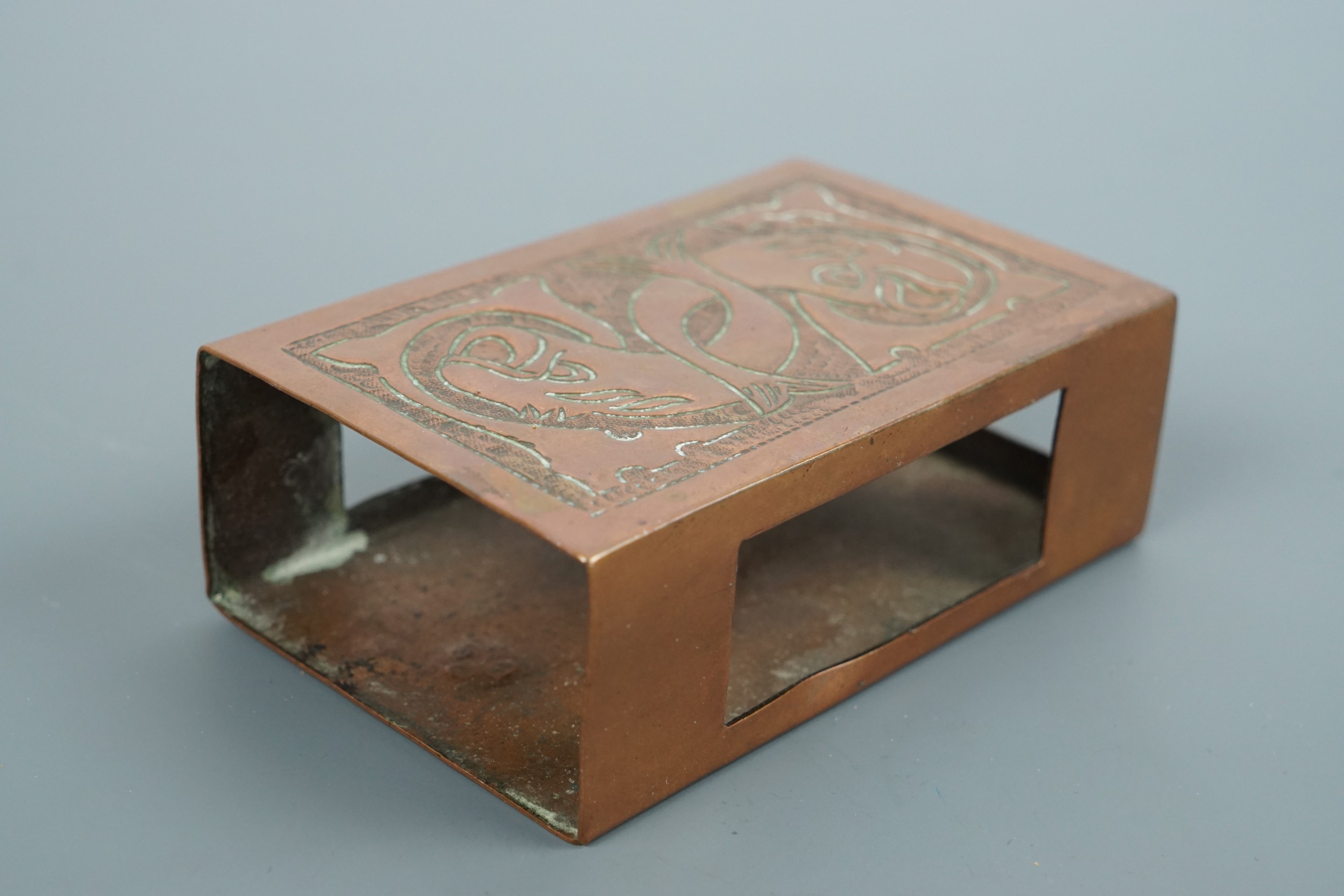 A Keswick School of Industrial Art copper matchbox cover decorated in a Celtic / Anglo Saxon - Image 2 of 3