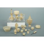 A quantity of 19th Century Anglo-Indian turned and carved ivory miniature table ware including a tea