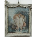 A mezzotint depiction of two cupids in 1930s French parcel-gilt picture frame, 32 cm x 26 cm