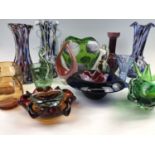 Nineteen items of studio glass, vases, bowls, dishes etc.
