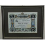 A 1902 Coronation presentation certificate from the Borough of Blandford Forum, framed and mounted