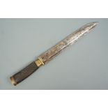 An antique hunting knife, the blade fabricated from that of an earlier sword, 34 cm