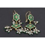 A pair of Indian diamond, seed pearl, champleve and bass taille enamelled yellow-metal ear pendants,
