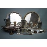 A quantity of electroplate and pewter including a footed tray, tankard etc.