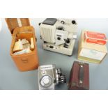 An Eumig P8 film projector, Yashika 8-EII cine camera, a box camera and film editing accessories