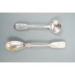 Victorian silver fiddle pattern mustard and salt spoons, each with an engraved initial to the