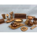 A large quantity of treen including desk tidy, bowls, burr elm bowl etc.