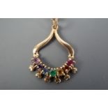 A 9 ct gold and multi-coloured gem stone pendant and fine link neck chain, 2.5 cm, 3.2 g