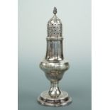 A George III silver sugar caster of baluster form, the cover reticulated and engraved in a diaper