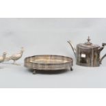 A Victorian EPBM teapot, two electroplate pheasants and a gallery tray